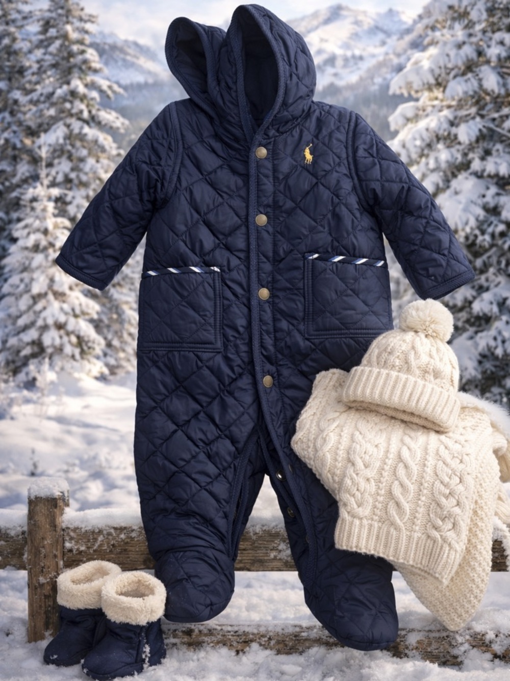 Ralph Lauren POLO Baby Quilted Bunting | Navy 6 Months | Hooded One-Piece GIFT - Picture 2 of 8